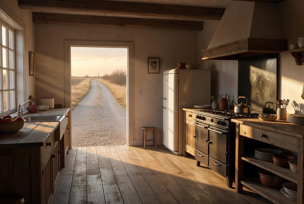 A quiet country kitchen with a refrigerator and range in afternoon light
