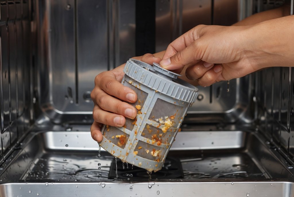 Hands removing a dishwasher filter from the bottom of the tub
