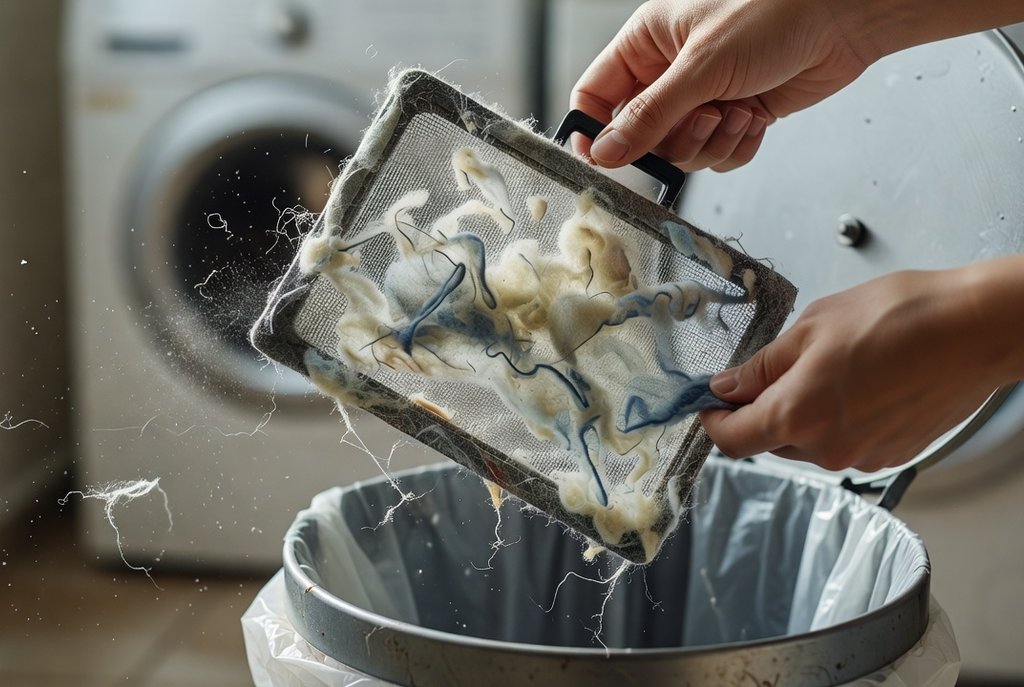 Lint screen being cleaned over a trash can
