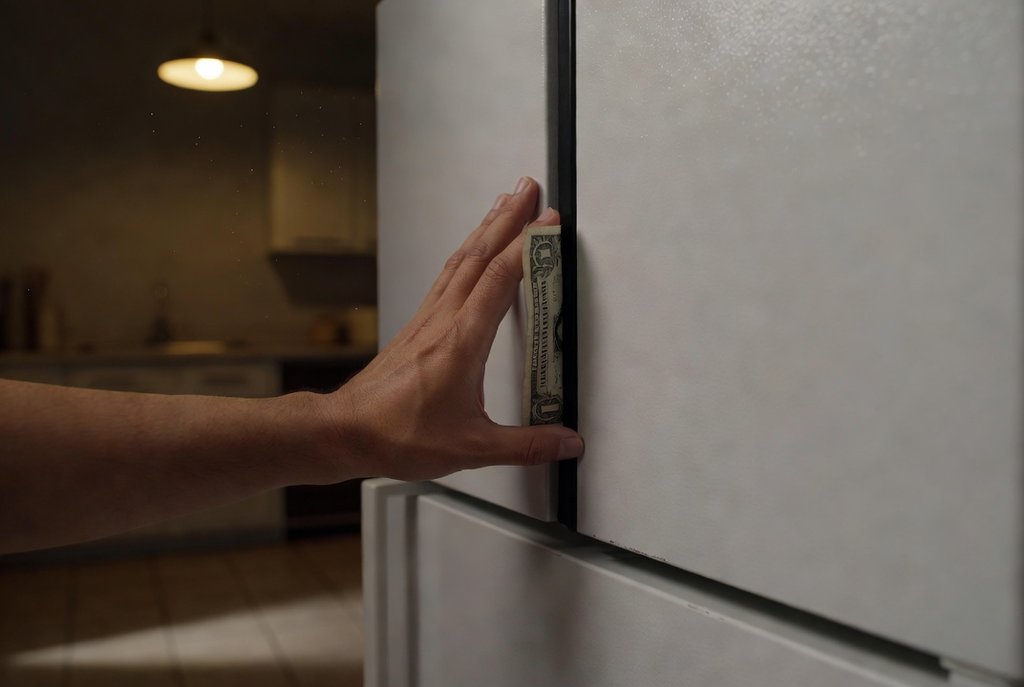 Hand testing a refrigerator door gasket with a dollar bill