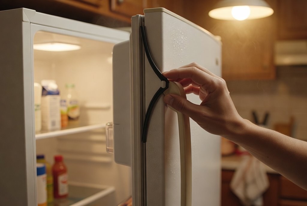 Hand checking a refrigerator door gasket along the edge