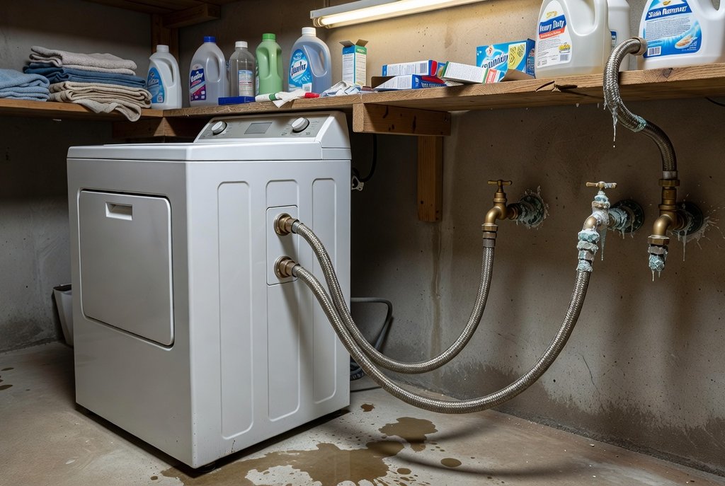 Washer water supply hoses and fittings with visible mineral buildup